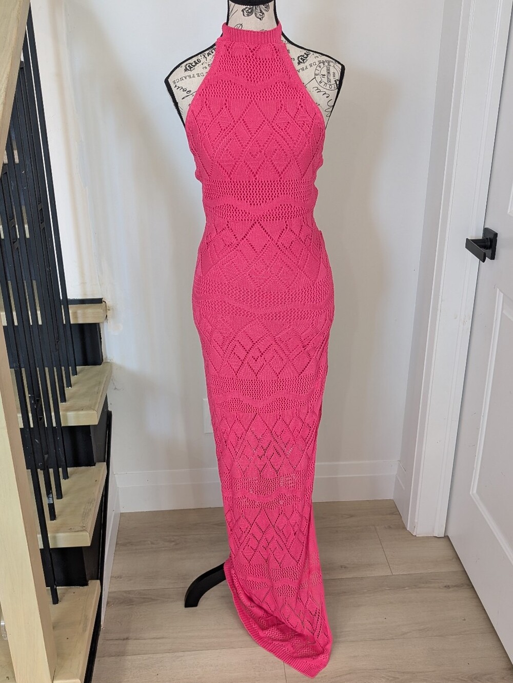 HAUTE MONDE | Women's Hot Pink Halter Crochet Knit Back Cutout Maxi Dress